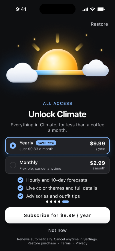 Climate dark-mode subscription screen with yearly and monthly plans